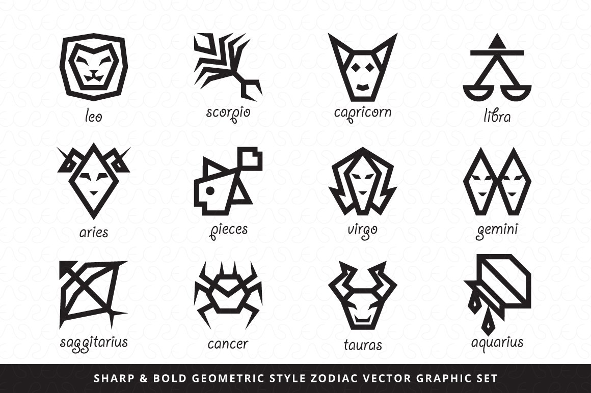 BW sharp and bold geometric style zodiac vector graphic set.