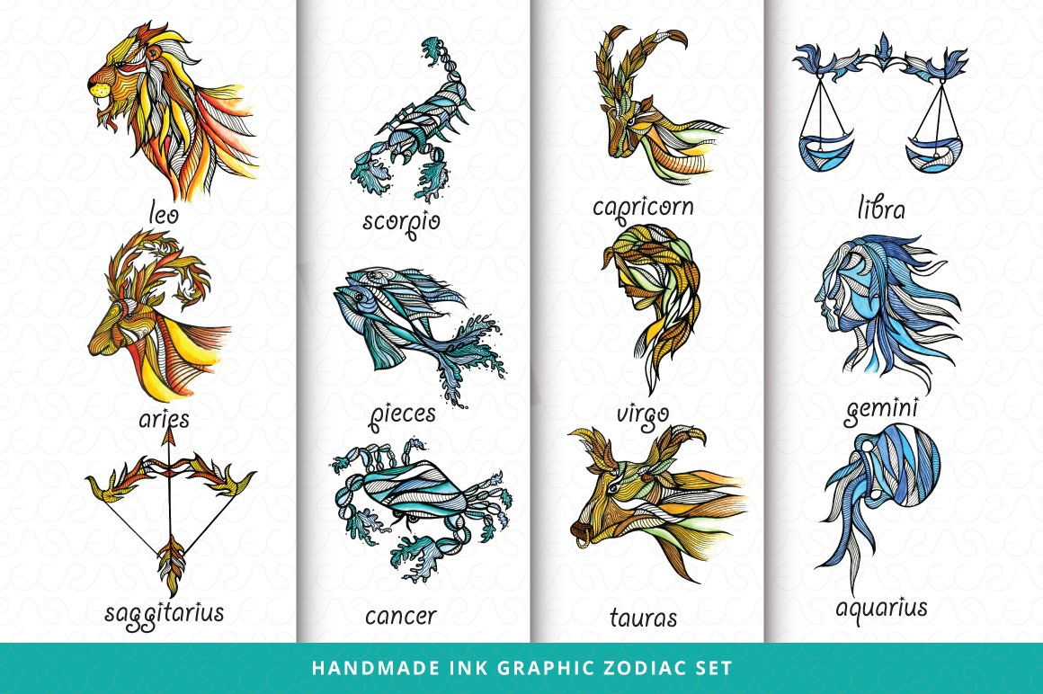 Handmade ink graphic zodiac set.