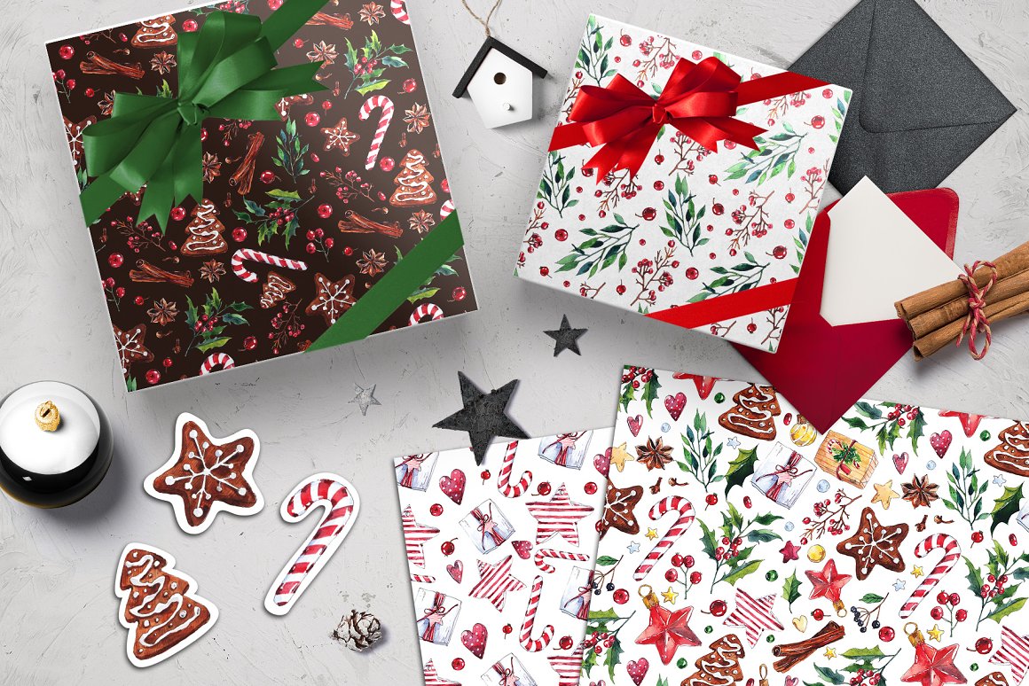 A set of different boxes, stickers and cards with christmas illustrations.