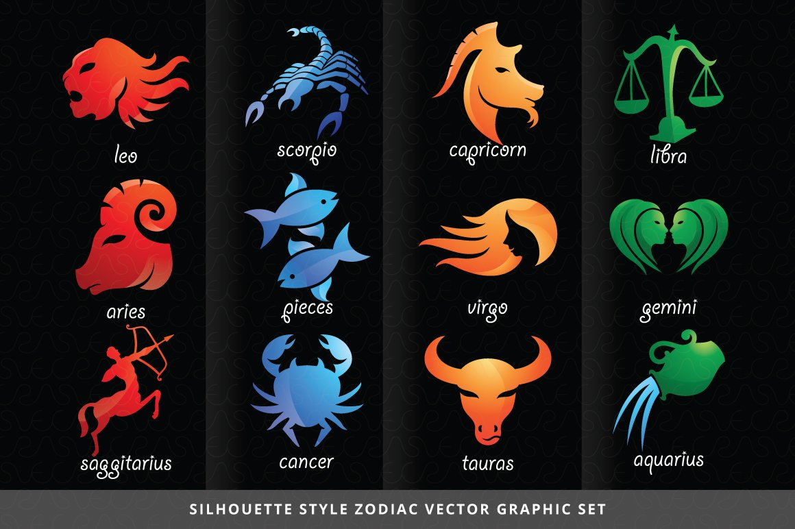 Multicolor zodiacs in a silhouette style.