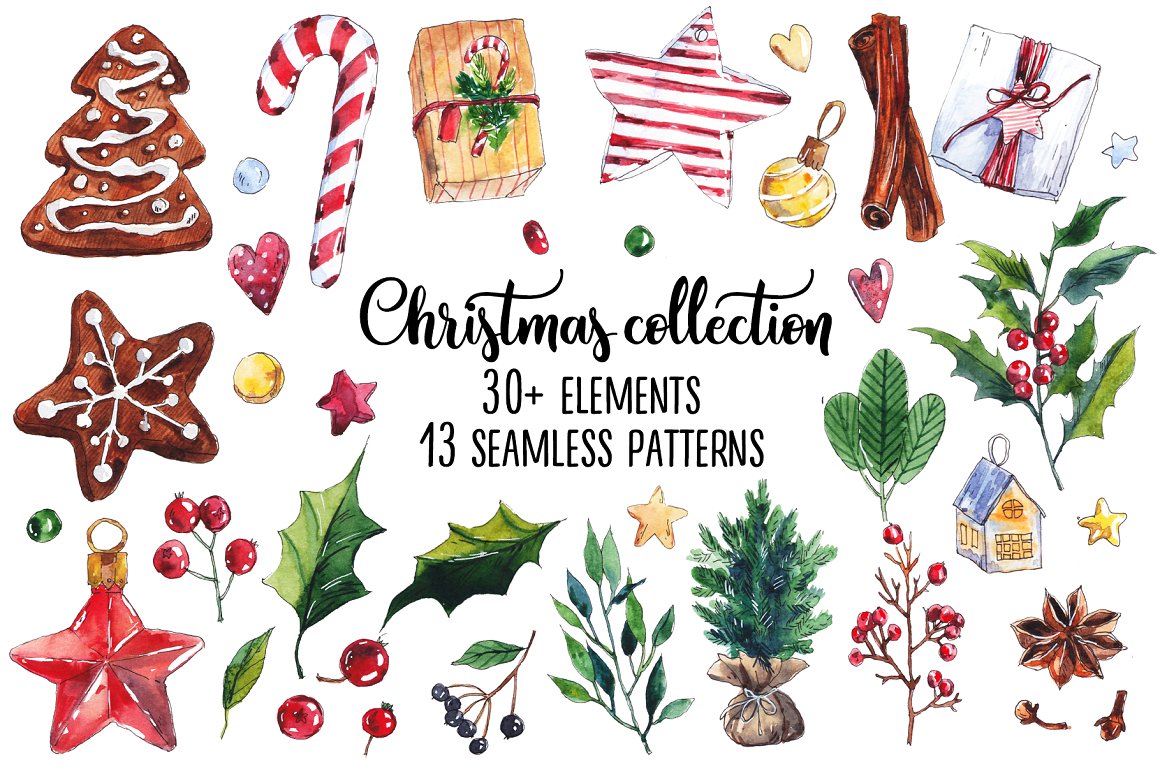 Black lettering "Christmas Collection" and a set of 30 different christmas elements on a white background.