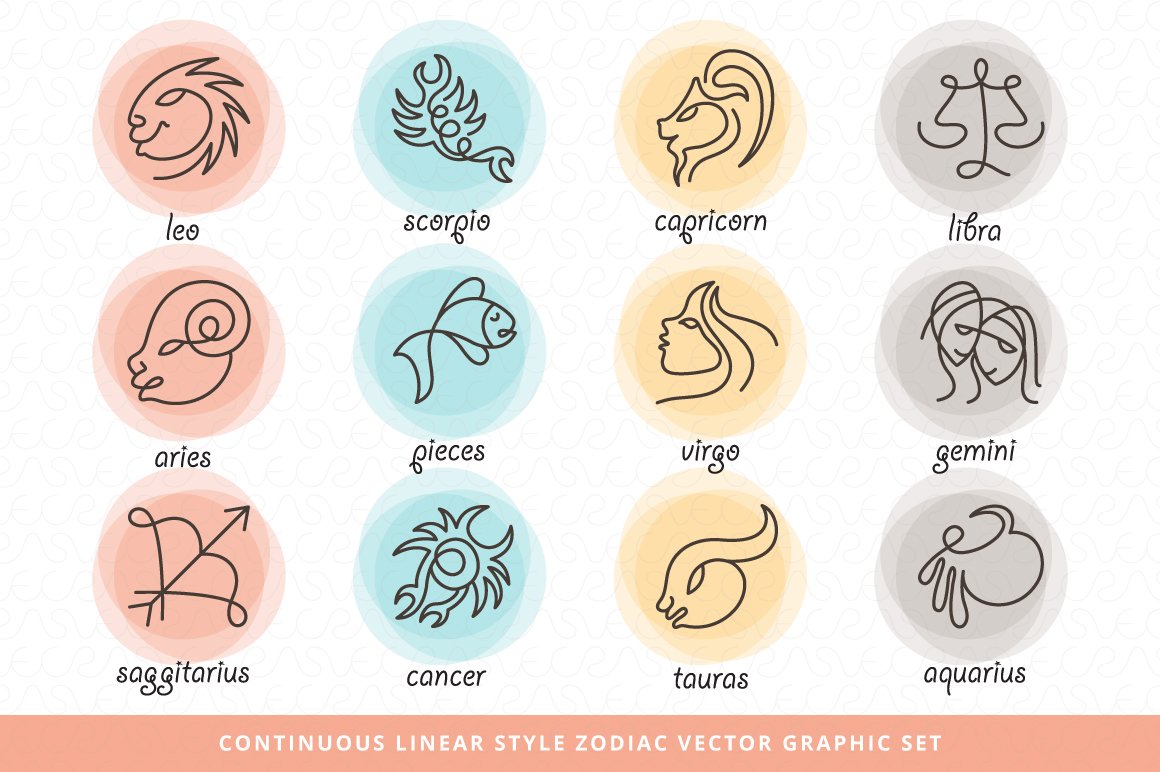 Continuous linear style zodiac vector graphic set.