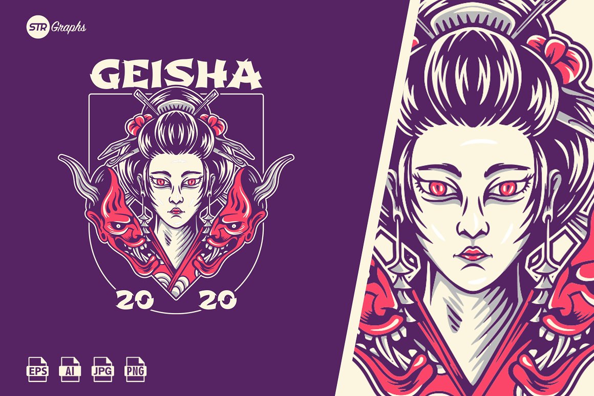 An illustration of a geisha and devil on a pink background and the same illustration on a purple background.