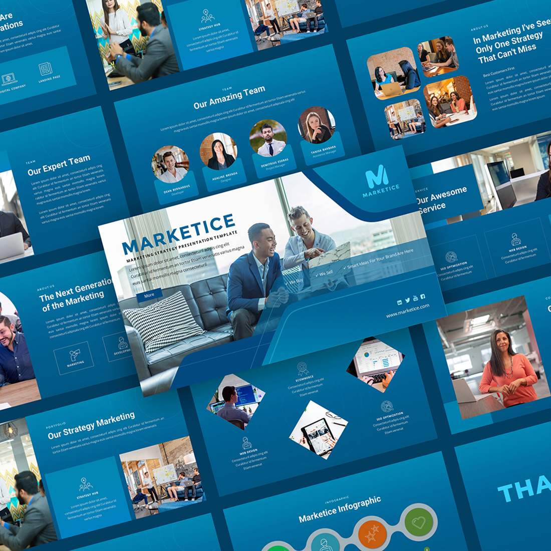 Marketing Presentation PowerPoint Blue Template cover image.