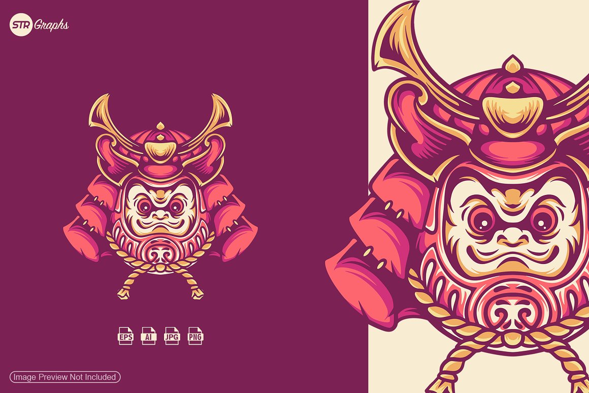 An illustration of a daruma samurai on a pink background and the same illustration on a dark pink background.