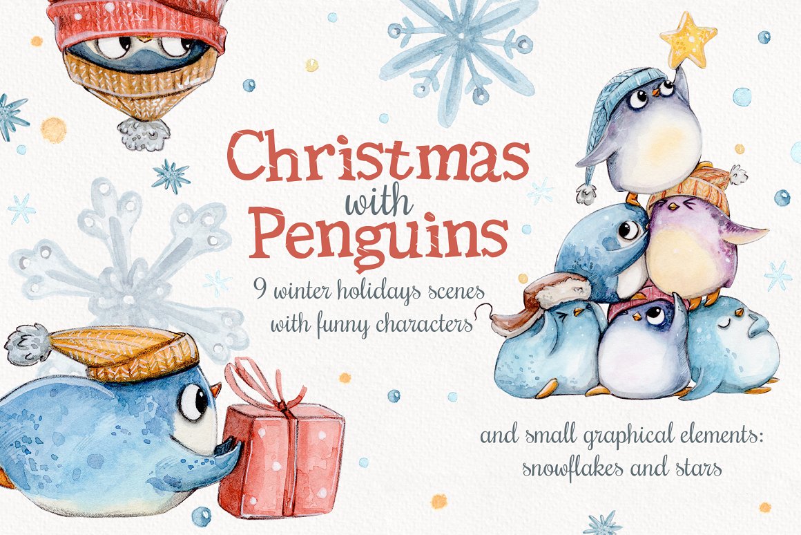 Red-blue lettering "Christmas With Penguins" and different illustrations of penguins.