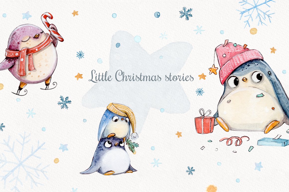 Blue lettering "Little Christmas stories" and different illustrations of penguins.