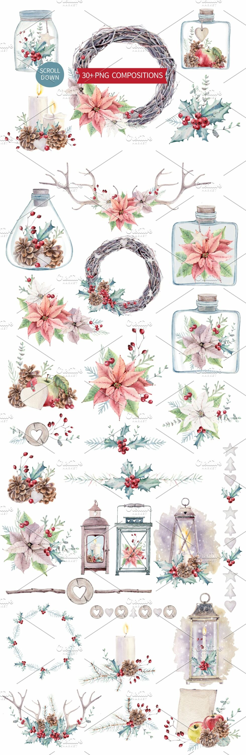 A set of 30+ different christmas compositions on a white background.