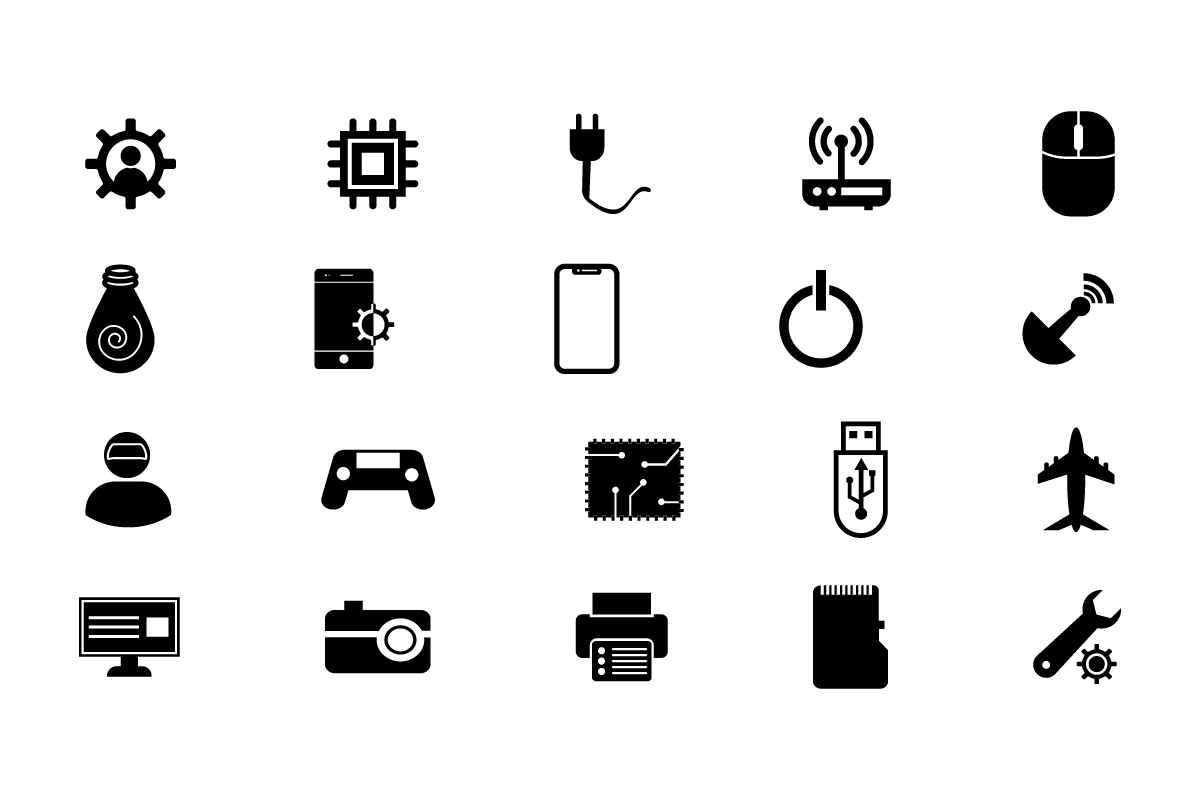 Black icons set electrical appliances.