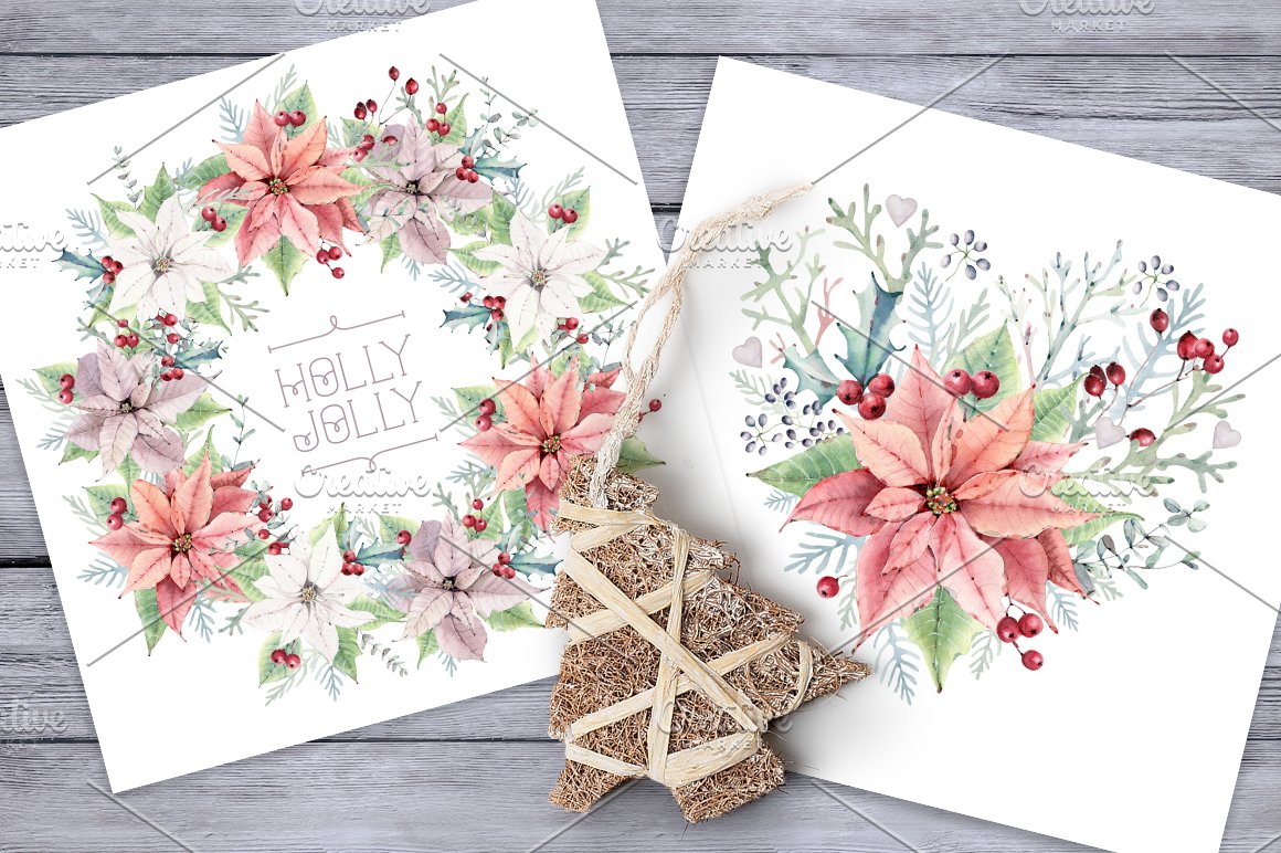 2 white cards with christmas compositions on the wooden background.