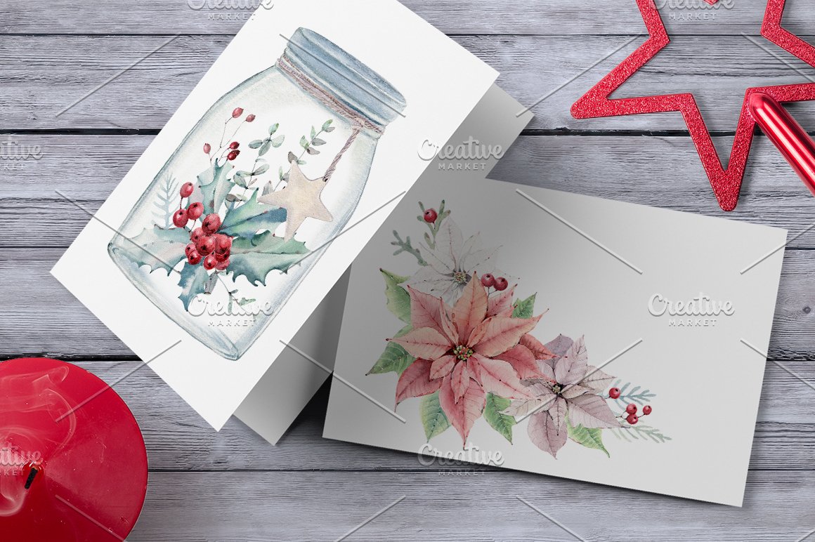 2 white elegant christmas cards with a christmas compositions.