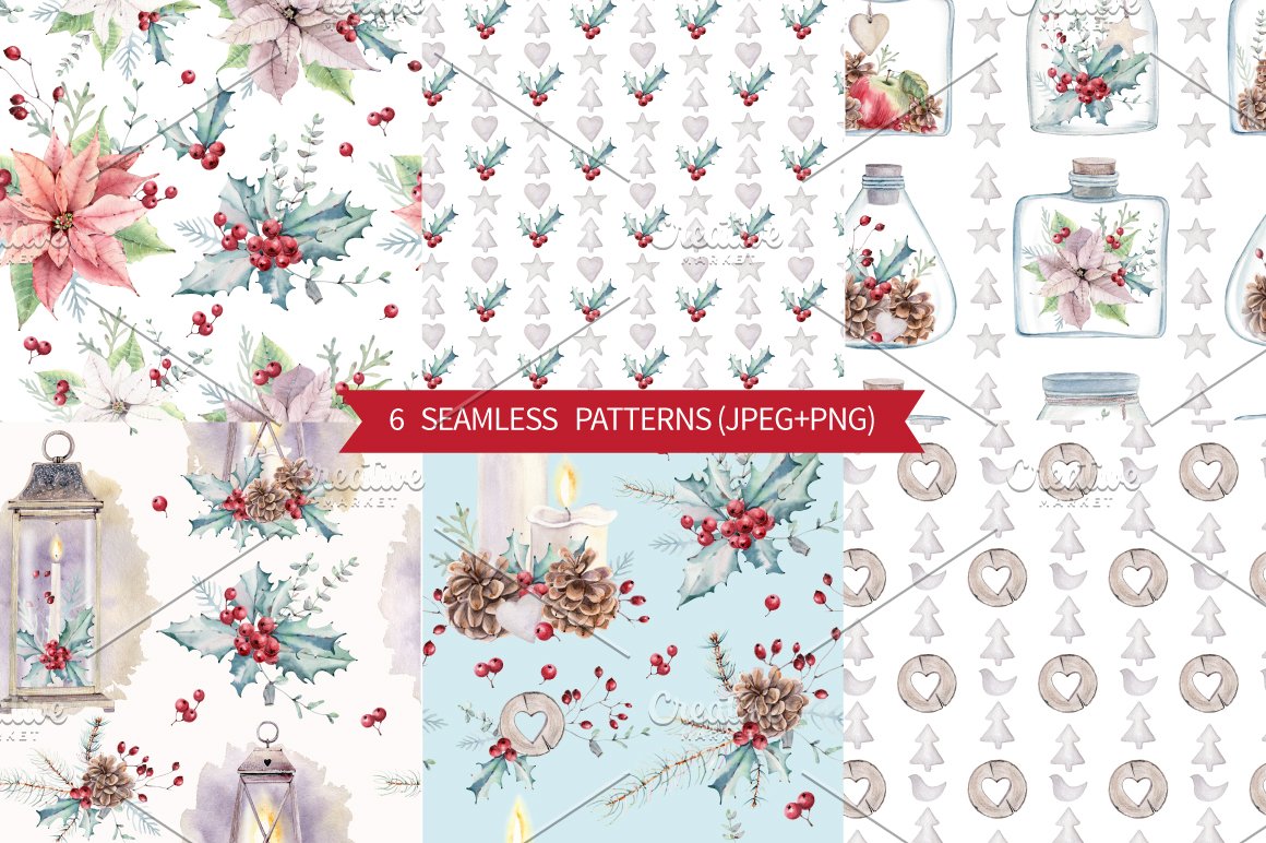 A set of 6 seamless patterns with christmas illustrations.