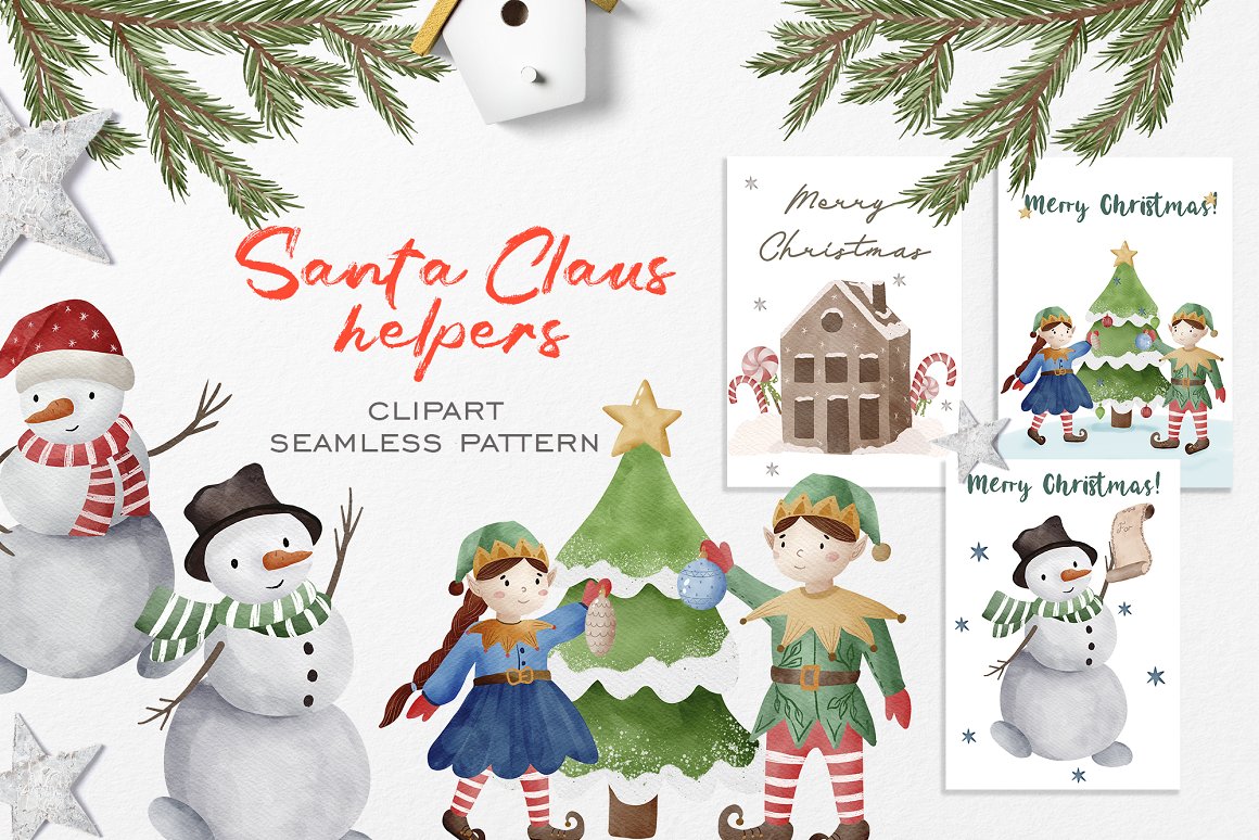 Red lettering "Santa Claus Helpers" and different christmas illustrations on a white background.