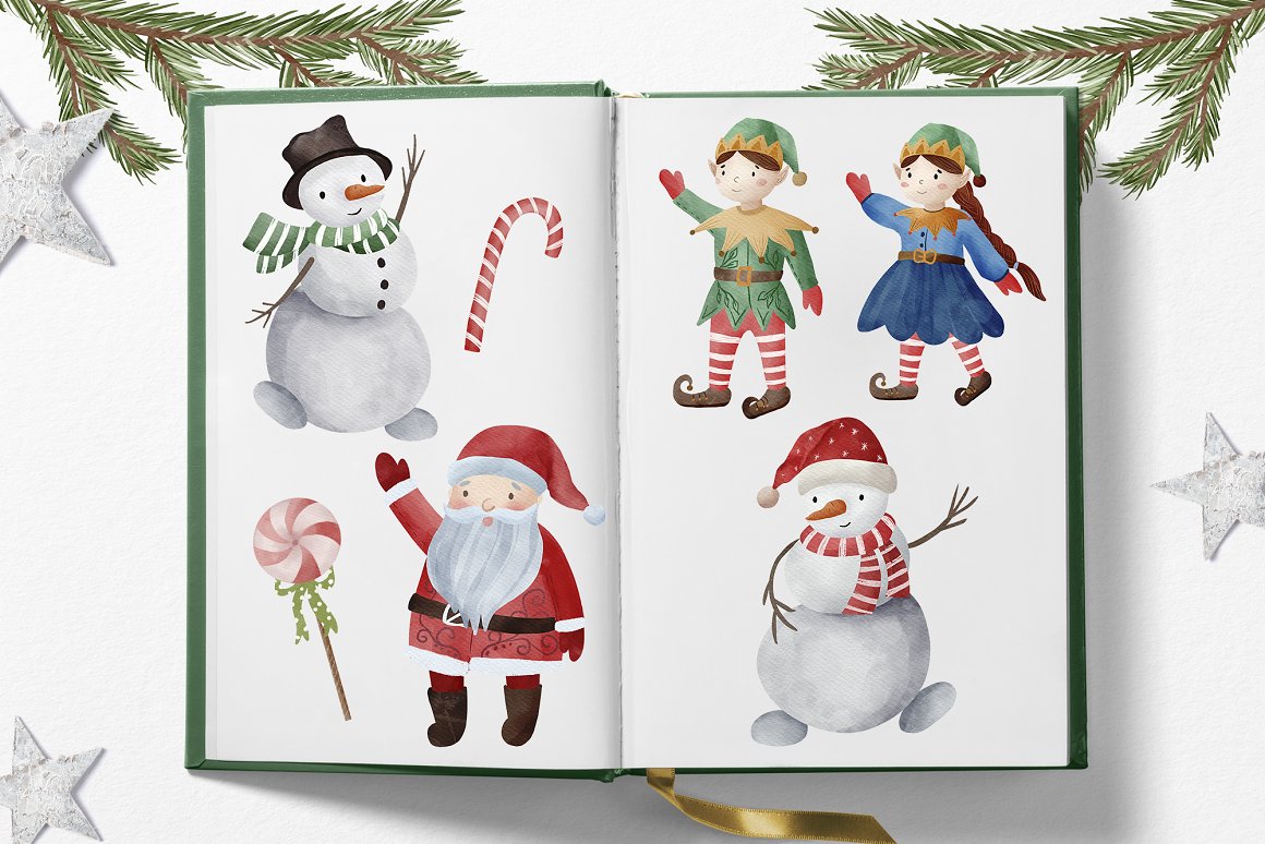 A green book with illustrations of 2 snowmen, santa, santa claus helpers and candy cane on a white background.