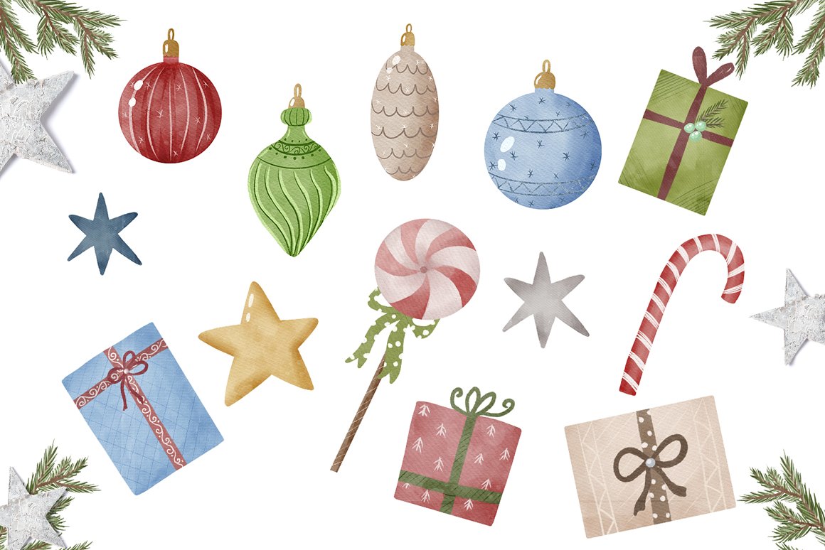 A set of different christmas decor and elements on a white background.