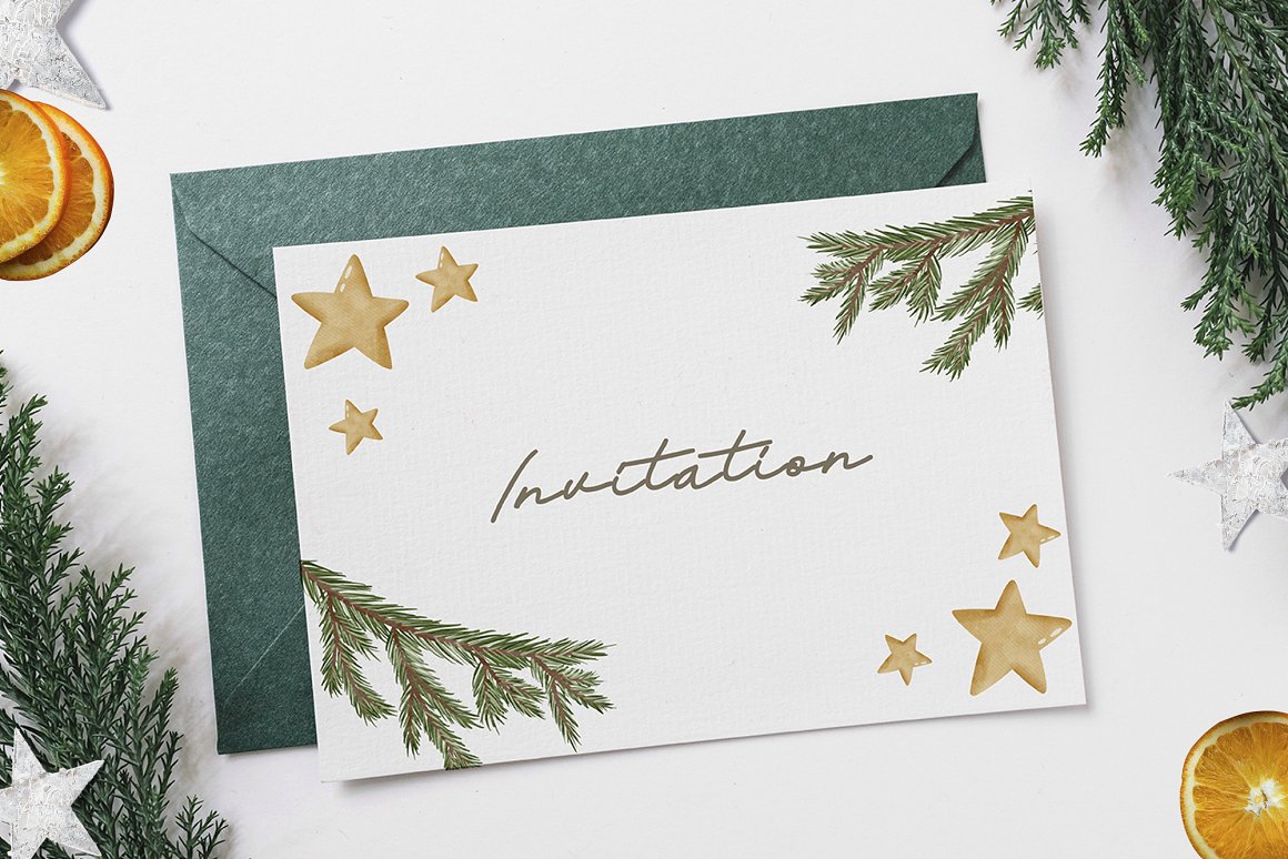 White christmas invitation with green lettering "Invitation" and green envelope on a gray background.