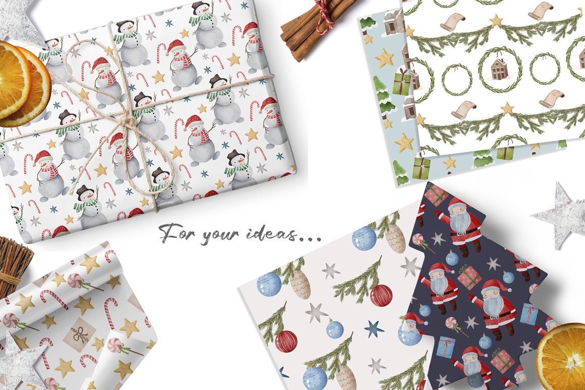 A set of different boxes and wrapping paper with christmas illustrations on a white background.