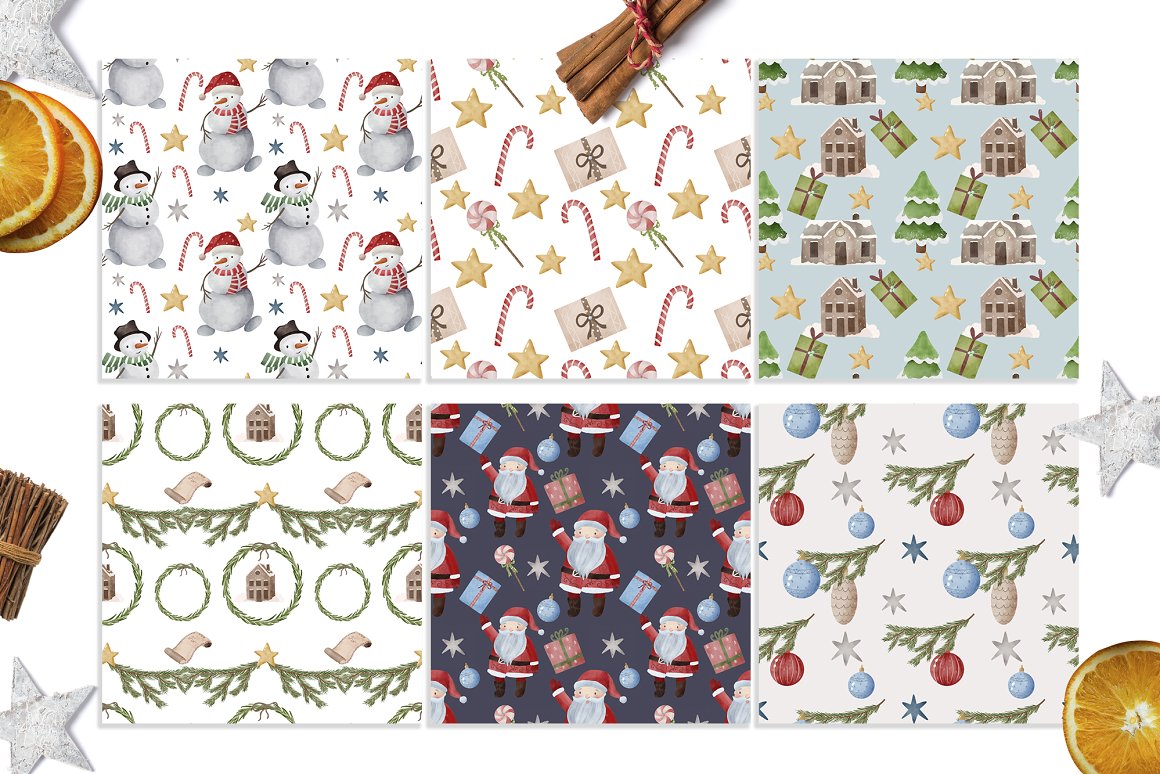 A set of 6 seamless patterns with christmas elements on a white background.