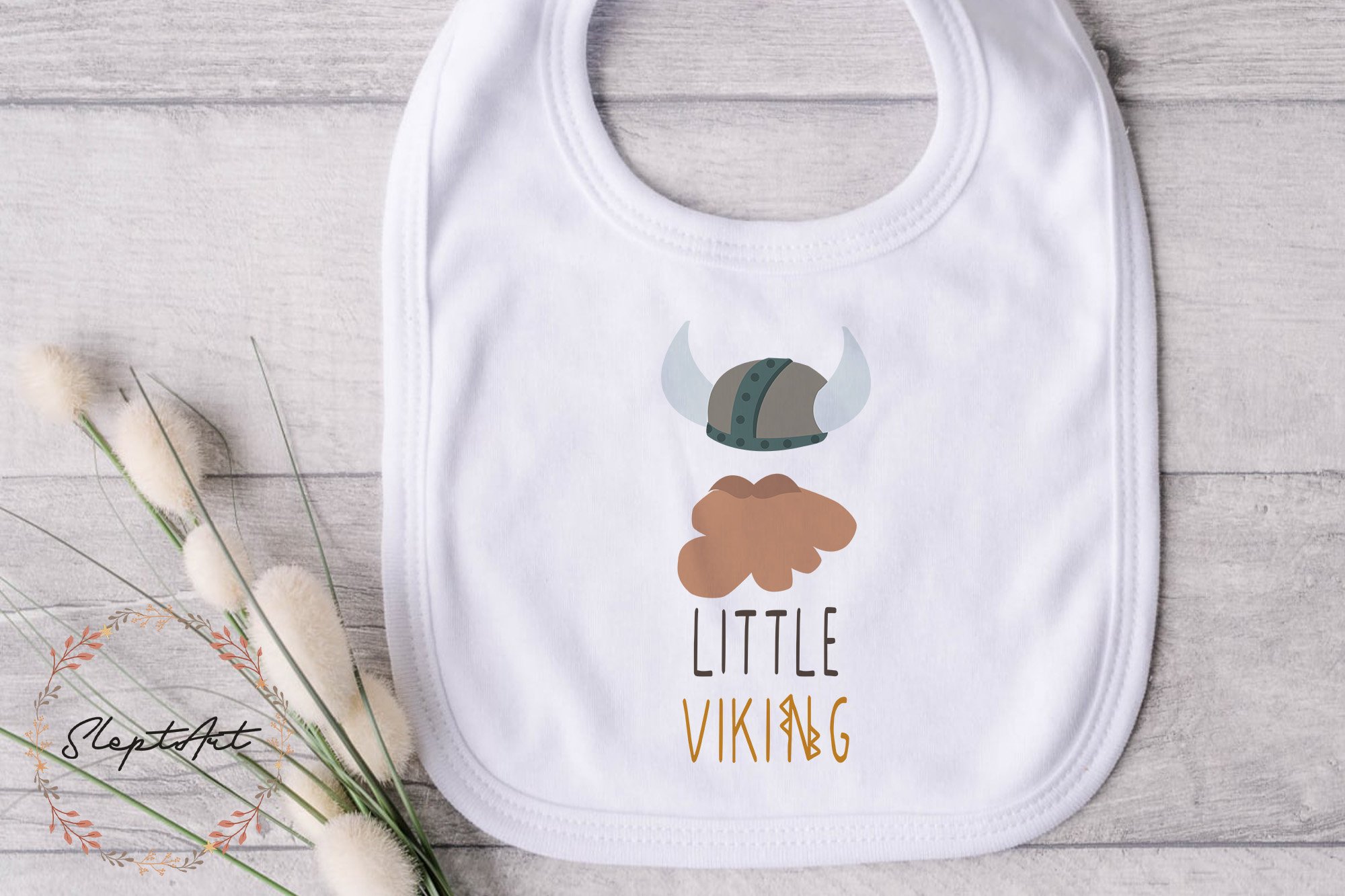 Classic white bib with the viking print.