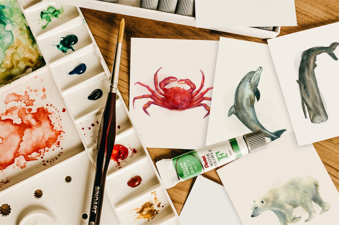 Watercolor Sea Creatures illustrations.