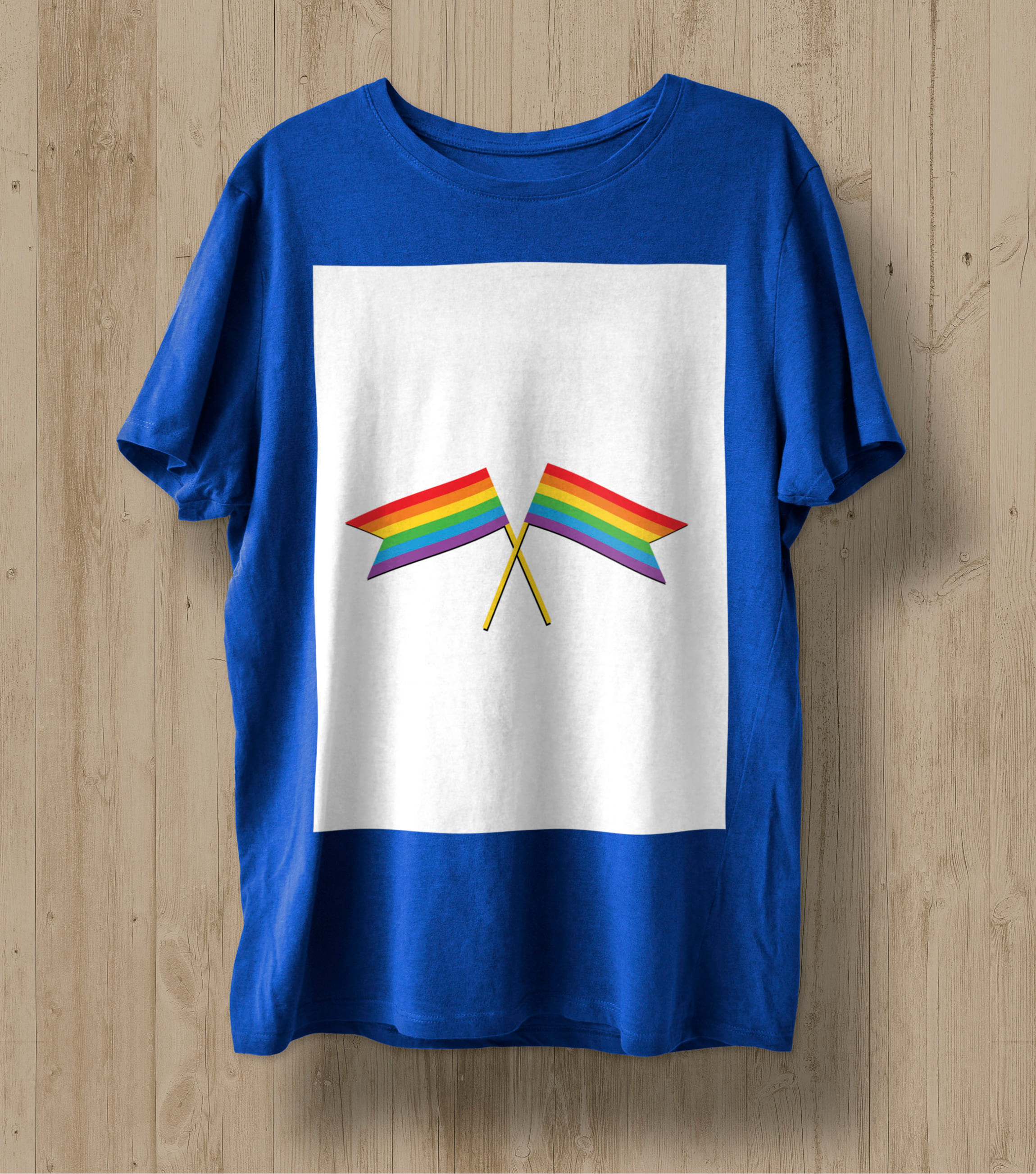 Blue T-shirt with two LGBT flags in a white rectangle.