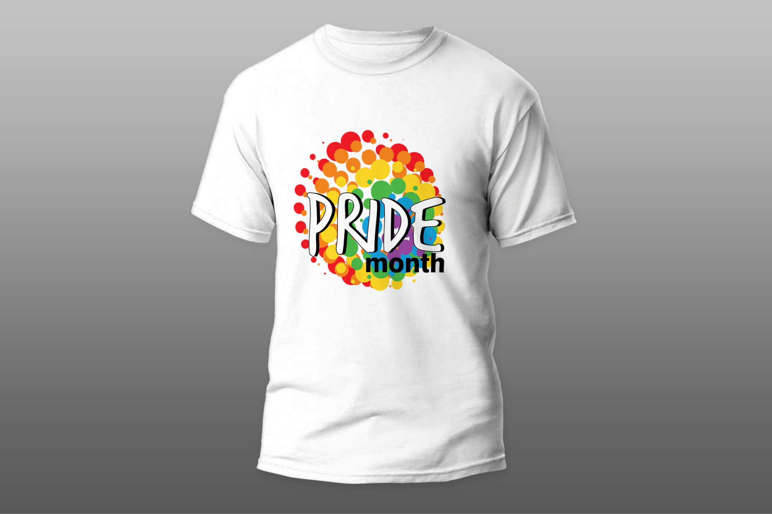 White t-shirt with white and black "Pride Month" lettering against the background of the LGBT flag on a gray background.