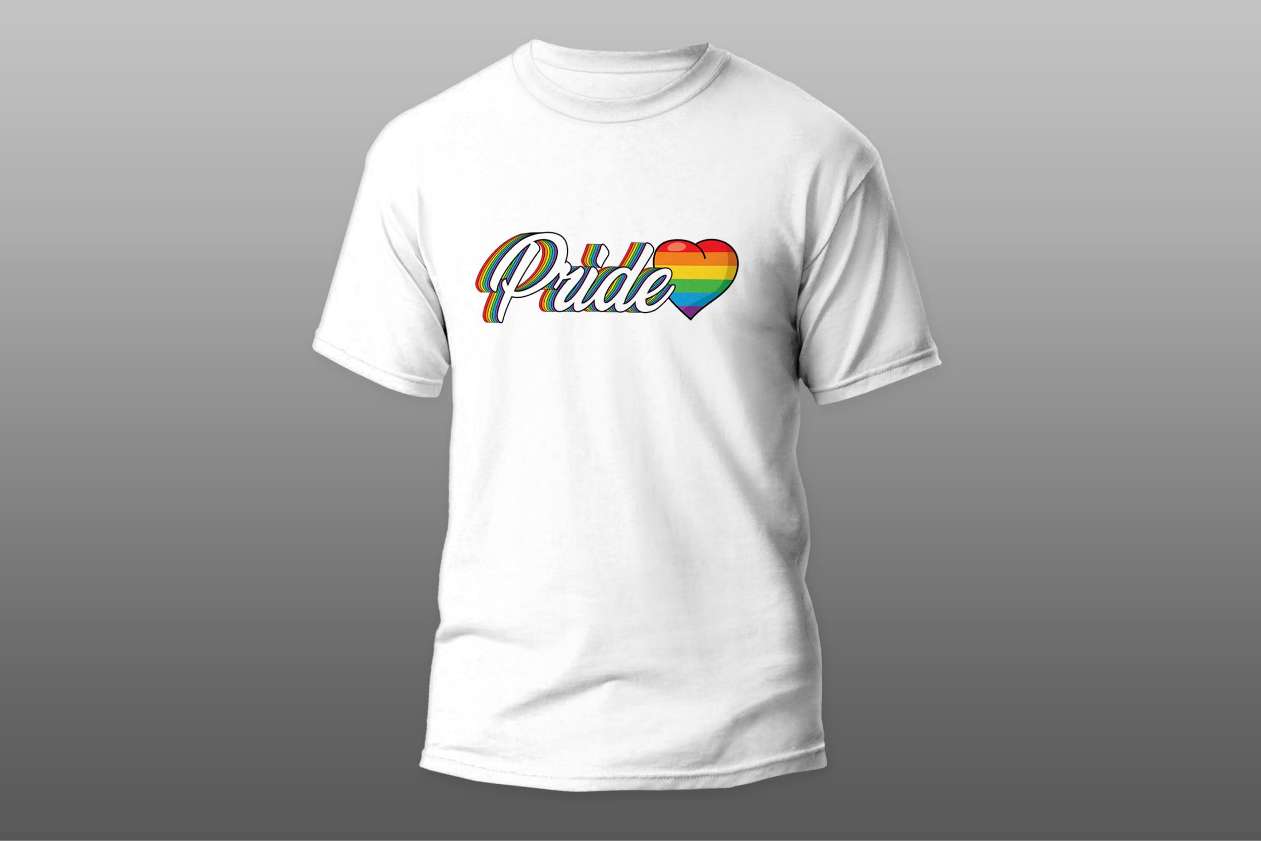White t-shirt with a white "Pride" lettering and a heart in the colors of the LGBT flag on a gray background.