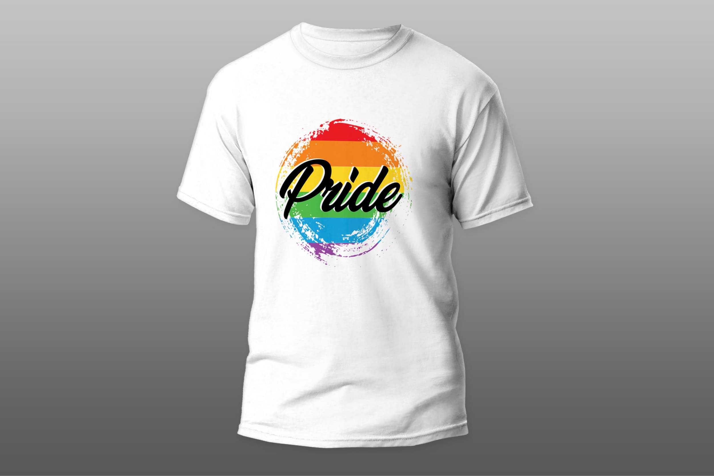 White t-shirt with black "Pride" lettering against the background of the LGBT flag on a gray background.
