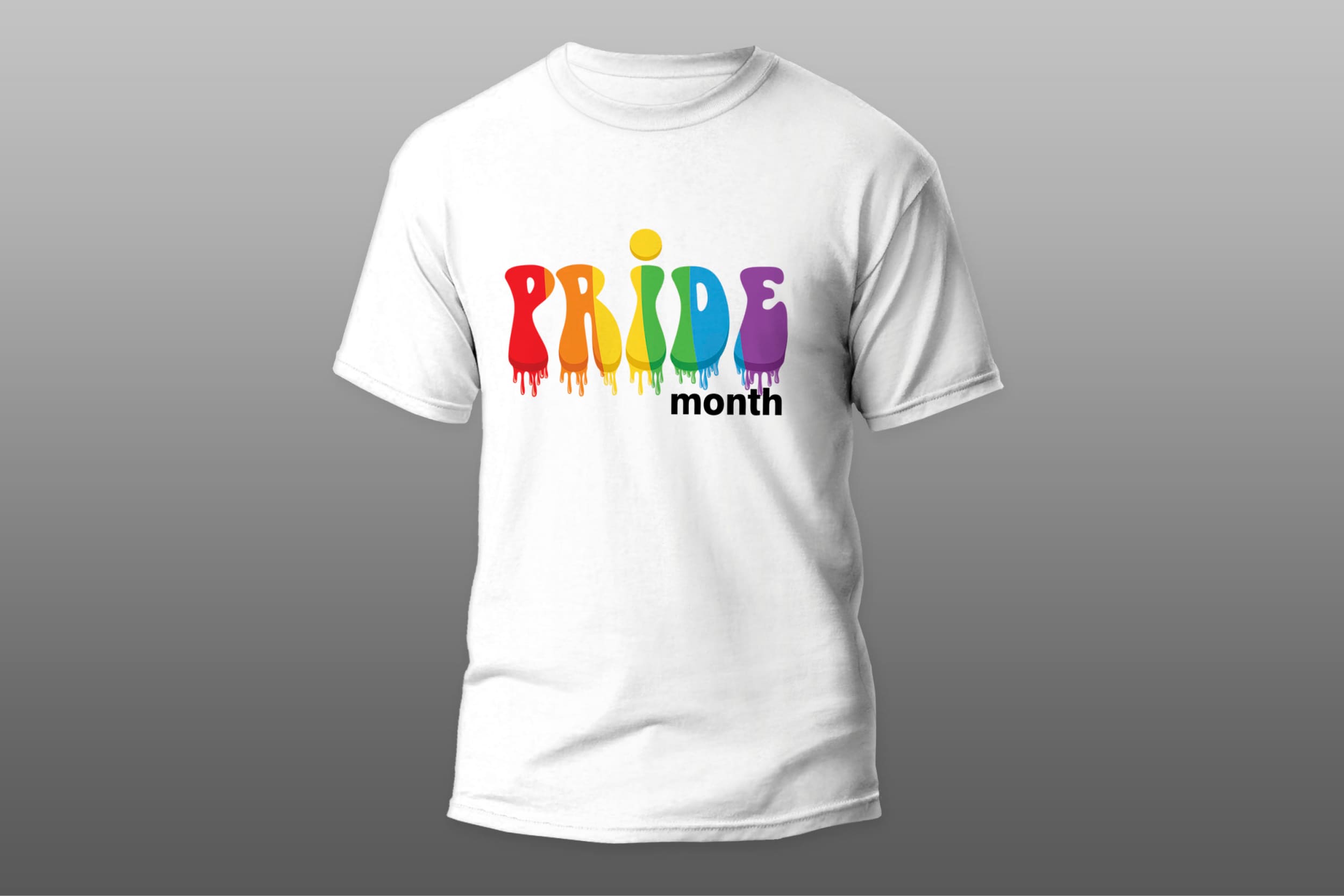 White T-shirt with the lettering "Pride" in the colors of the LGBT flag and the black lettering "month" on a gray background.
