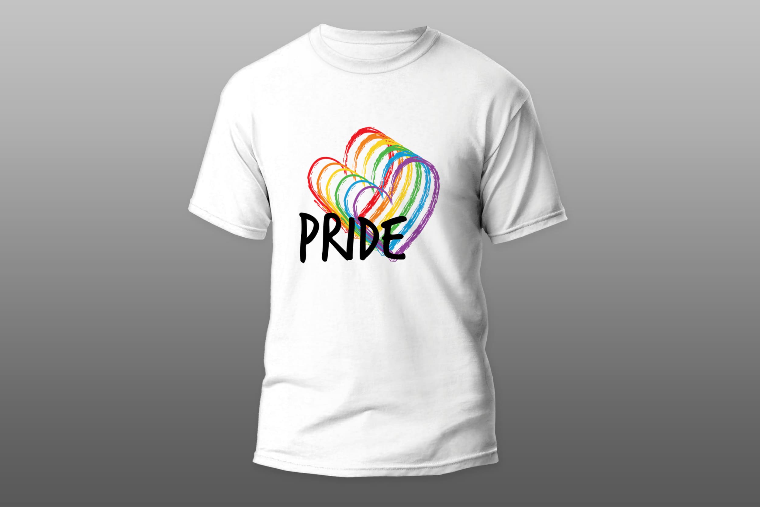 White T-shirt with black "Pride" lettering and hearts in the colors of the LGBT flag on a gray background.