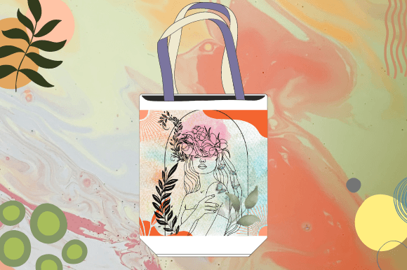 White shopping bag with a woman face in line art style on a blue and pink watercolor background.