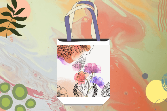 White shopping bag with a woman face in line art style on a white and pink watercolor background.