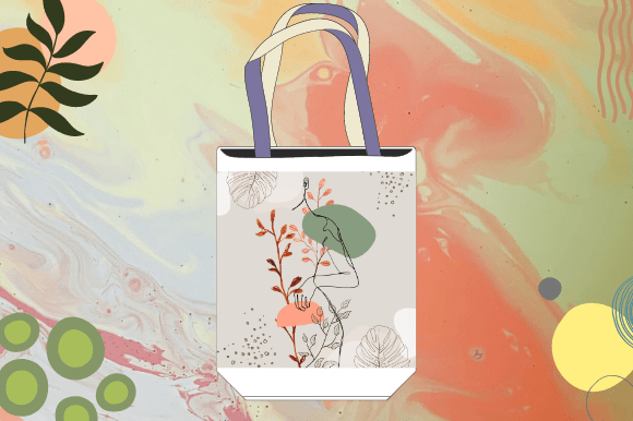 White shopping bag with a woman body in line art style on a gray and pink watercolor background.