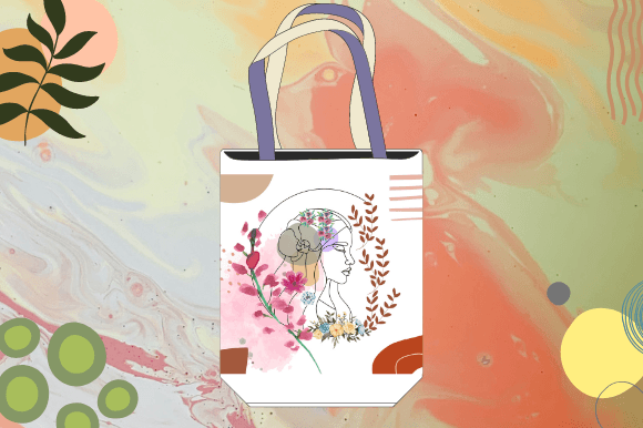 White shopping bag with a woman face in line art style on a white and pink watercolor background.