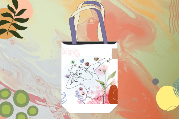 White shopping bag with a woman face in line art style on a white and blue watercolor background.