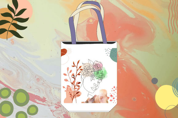 White shopping bag with a woman face in line art style on a white and pink watercolor background.