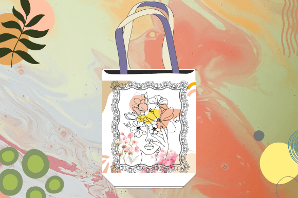 White shopping bag with a woman face in line art style on a white watercolor background.