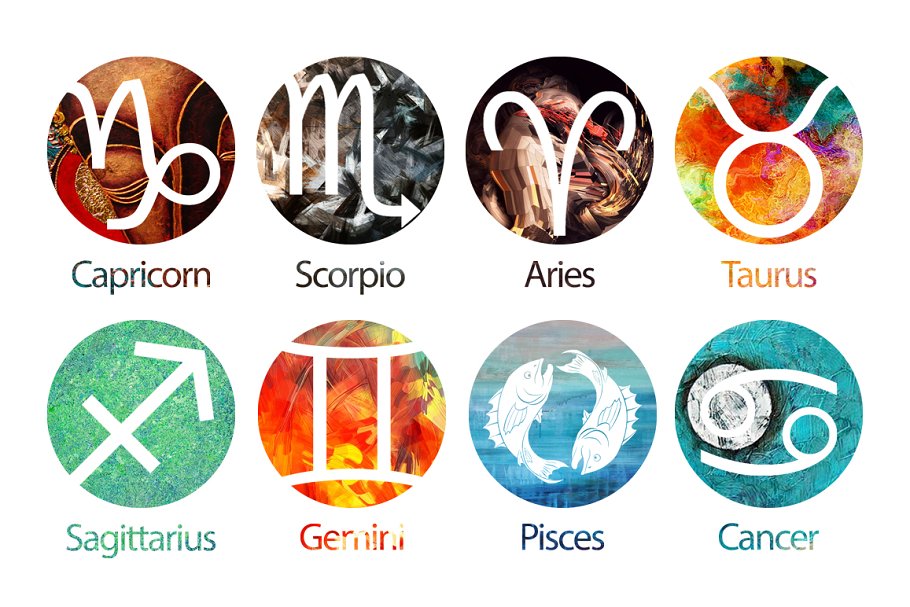 Diversity of colorful zodiac signs logo designs.