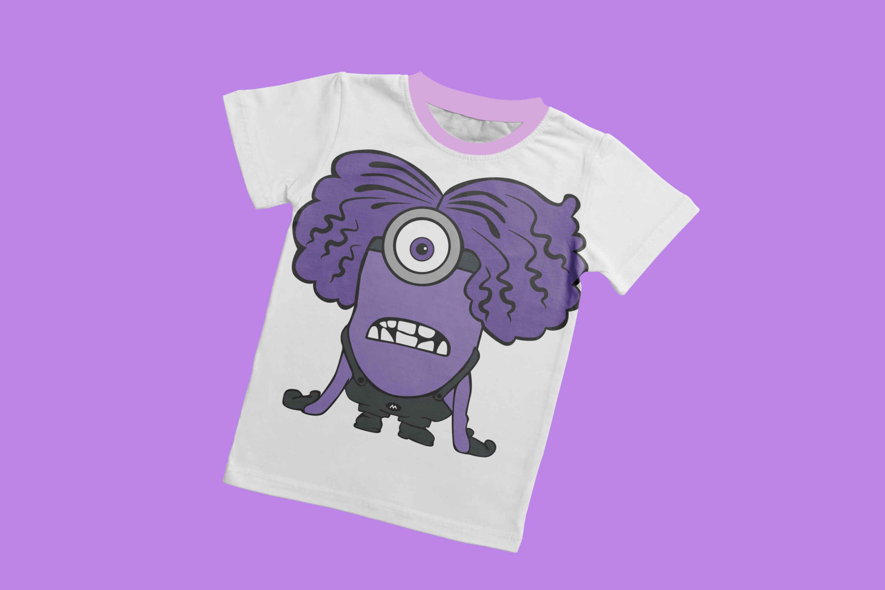 A white T-shirt with a lavender collar and a surprised evil minion.