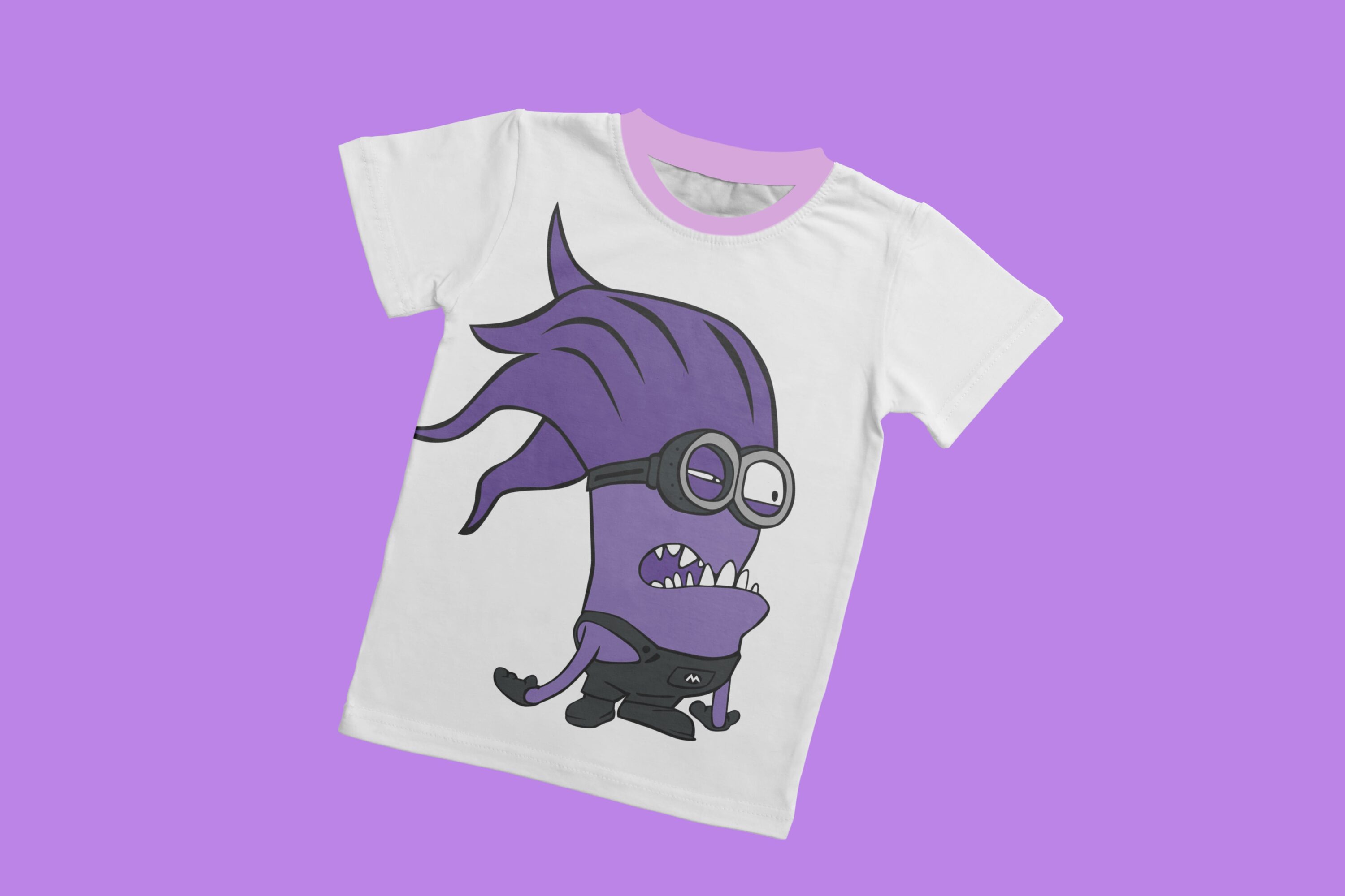 A white T-shirt with a lavender collar and an angry evil minion graphic.
