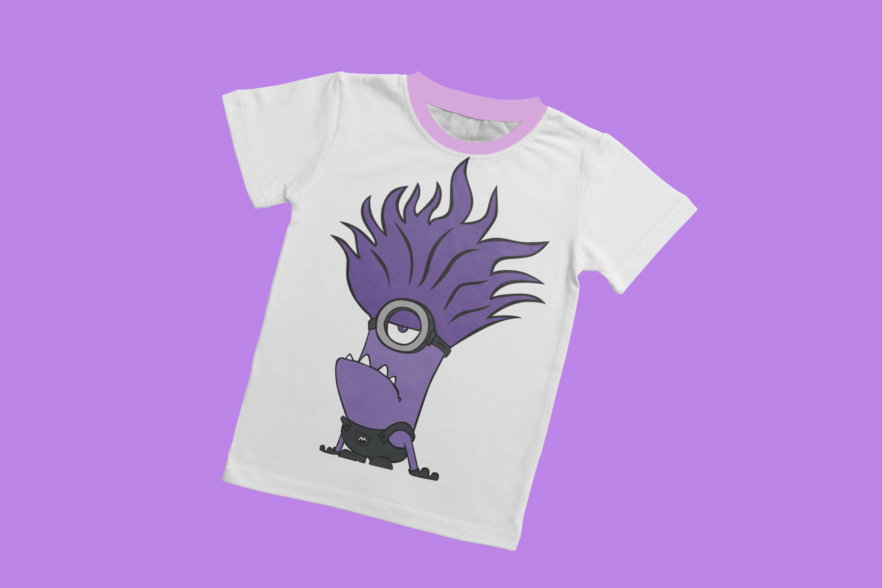 A white T-shirt with a lavender collar and a offended evil minion.