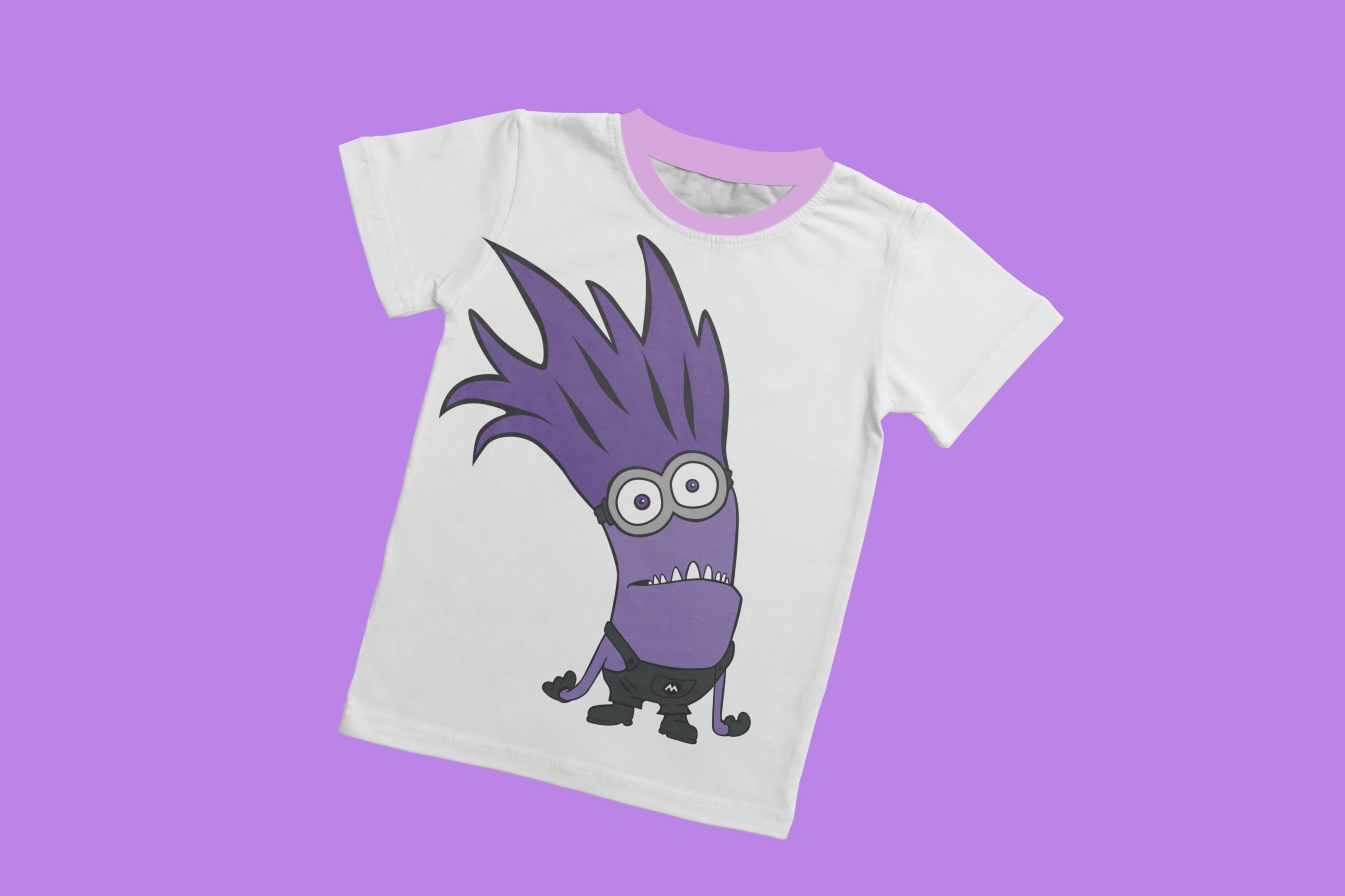 A white T-shirt with a lavender collar and a puzzled evil minion.