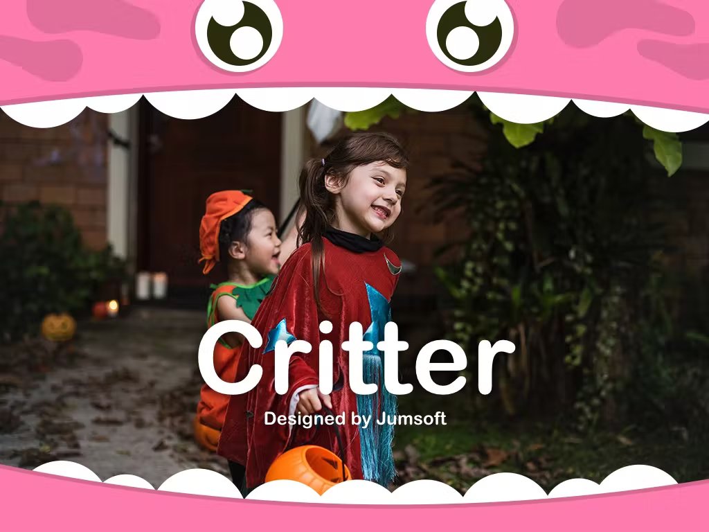 White lettering "Critter Designed by Jumsoft" on a photo with children in a pink critter.