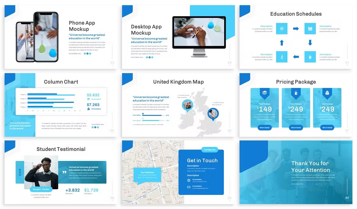 A set of 9 different universe university google slide templates in blue, white, light blue and black on a white background.