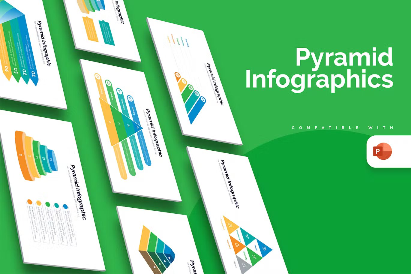 White lettering "Pyramid Infographics" and different presentation templates on a green background.