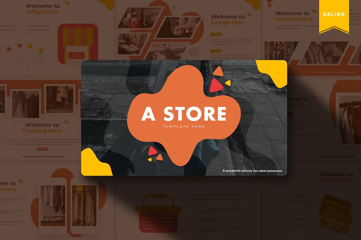 Google slides template with white lettering "A STORE" in orange, yellow, red and dark gray on the background of different presentation templates.