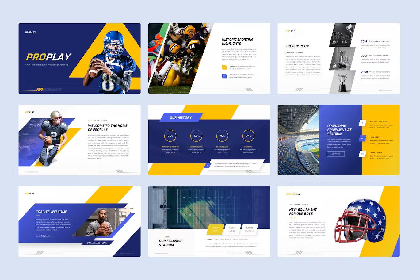 A set of 9 different american football sports powerpoint templates in blue, white and yellow on a light blue background.