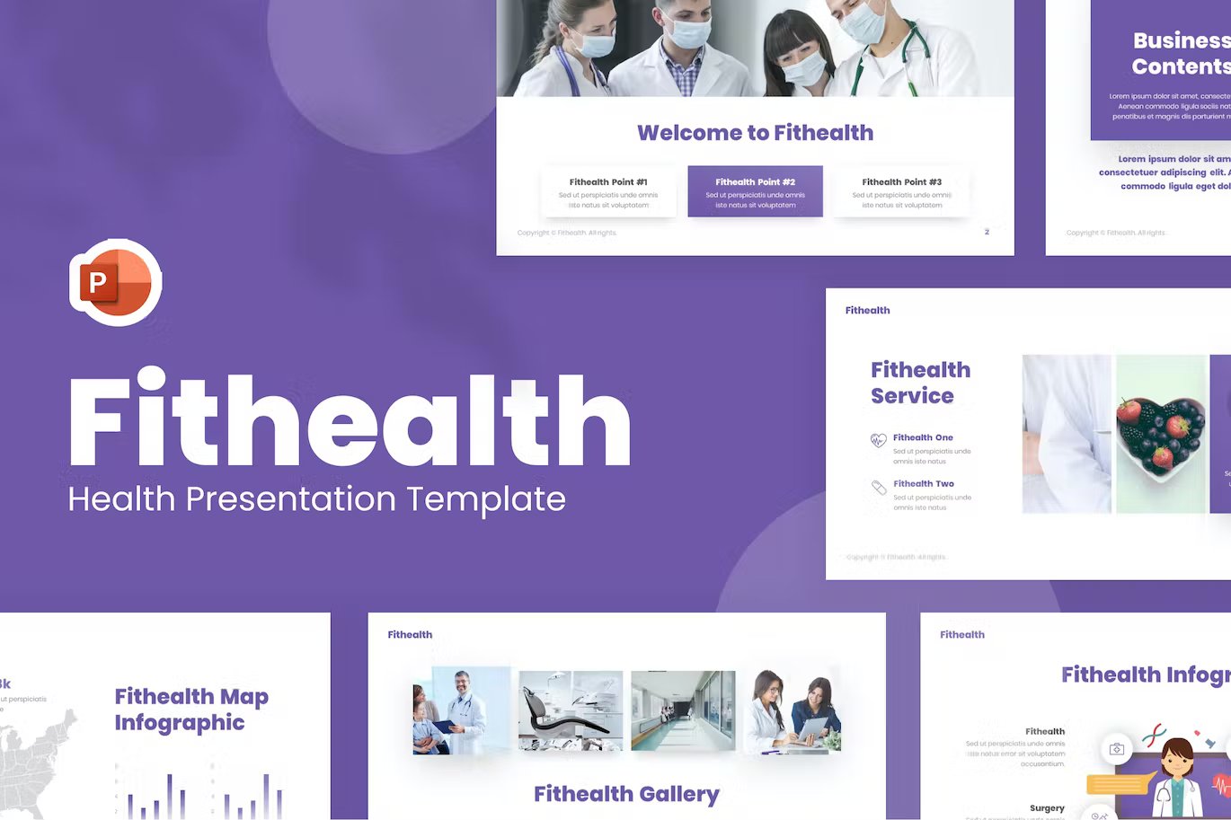 White lettering "Fithealth Health Presentation Template" and different presentation templates on a purple background.