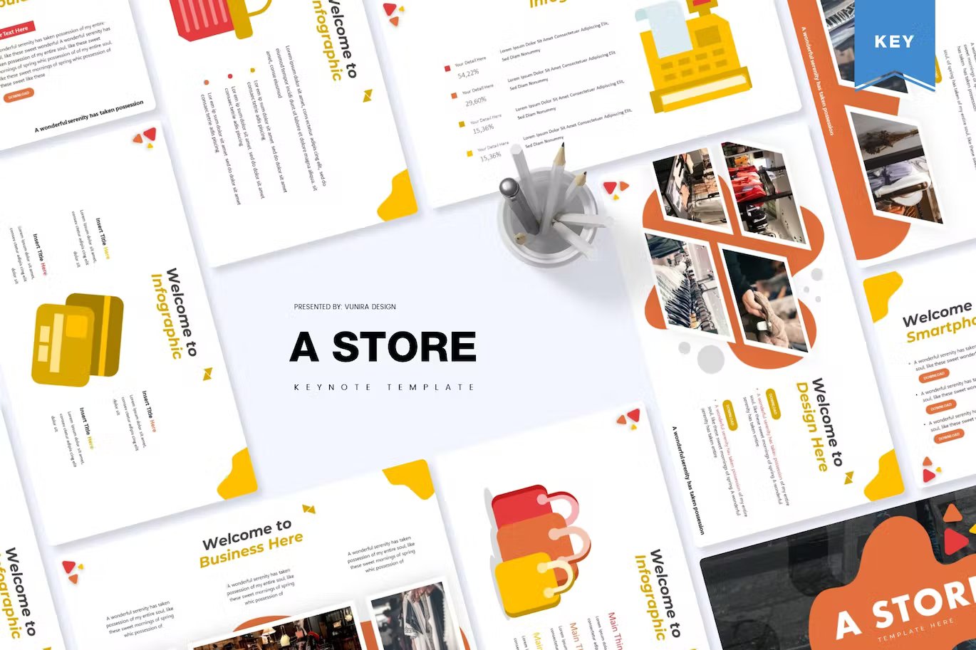 Black lettering "A Store Keynote Template" and different presentation templates on a white background.