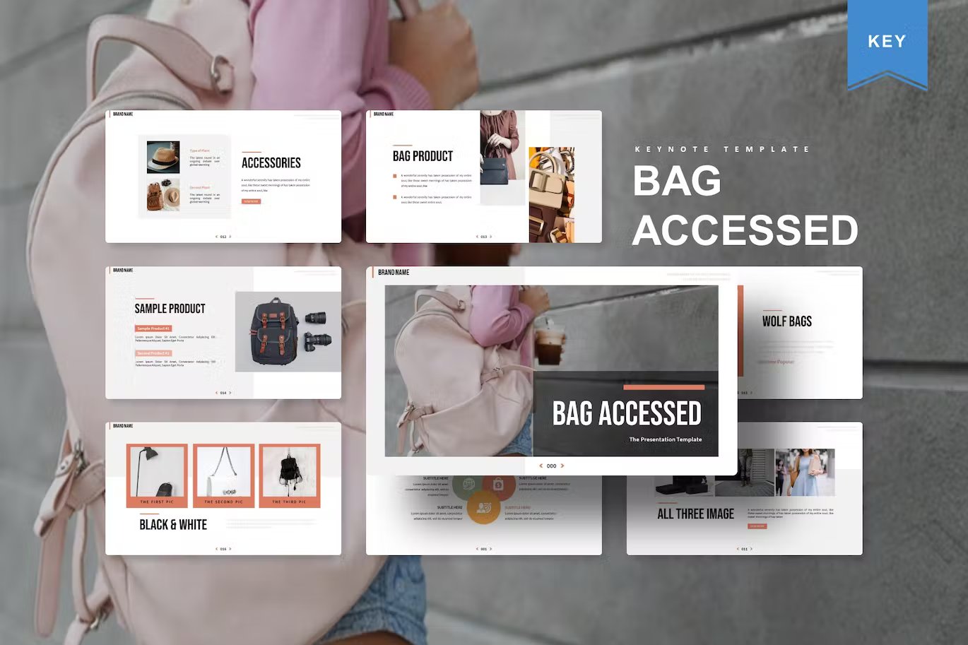 White lettering "Bag Accessed" and different presentation templates on the background of a beautiful image.